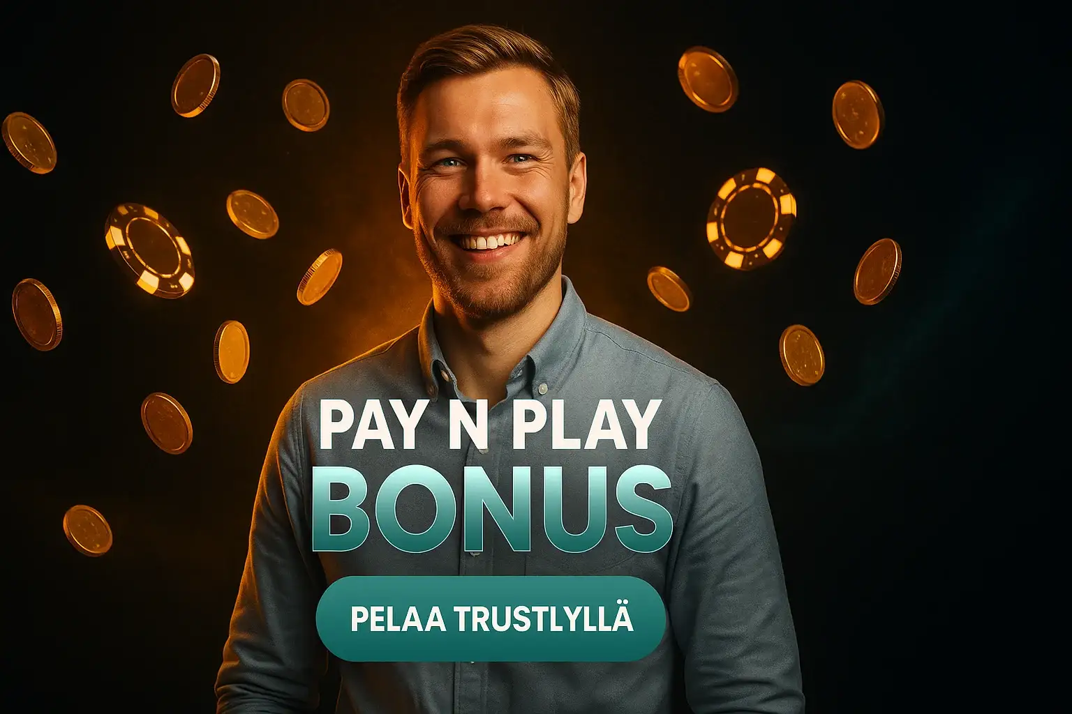Suomalainen kasinobanneri, mies hymyilee, kultakolikoita ja hehkuvia pelimerkkejä