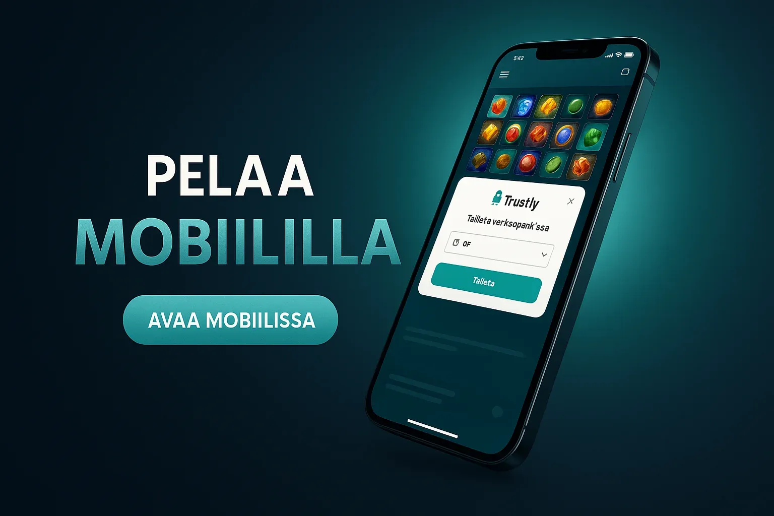 Fotorealistinen suomalainen mobiilikasino banneri, puhelin ja Trustly-maksu
