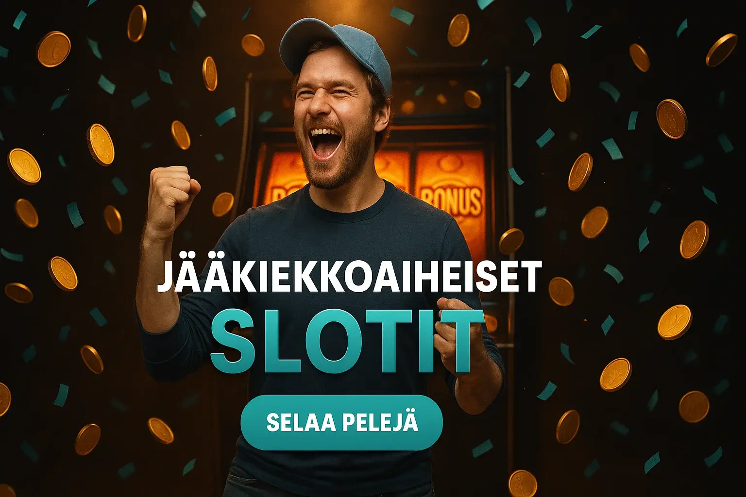 Suomalainen mies juhlii bonusvoittoa kolikkopelien äärellä, kultakolikoita sataa