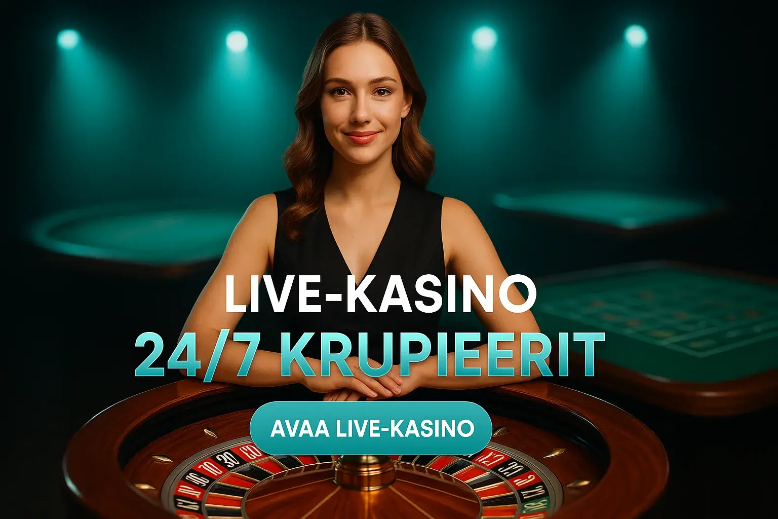 Fotorealistinen live-kasinobanneri, suomalainen krupieeri ja rulettipöytä, 16:9