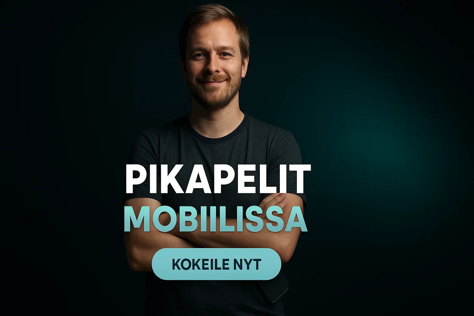 Suomalainen mies kasinomainoksessa, teksti Pikapelit Mobiilissa ja Kokeile Nyt