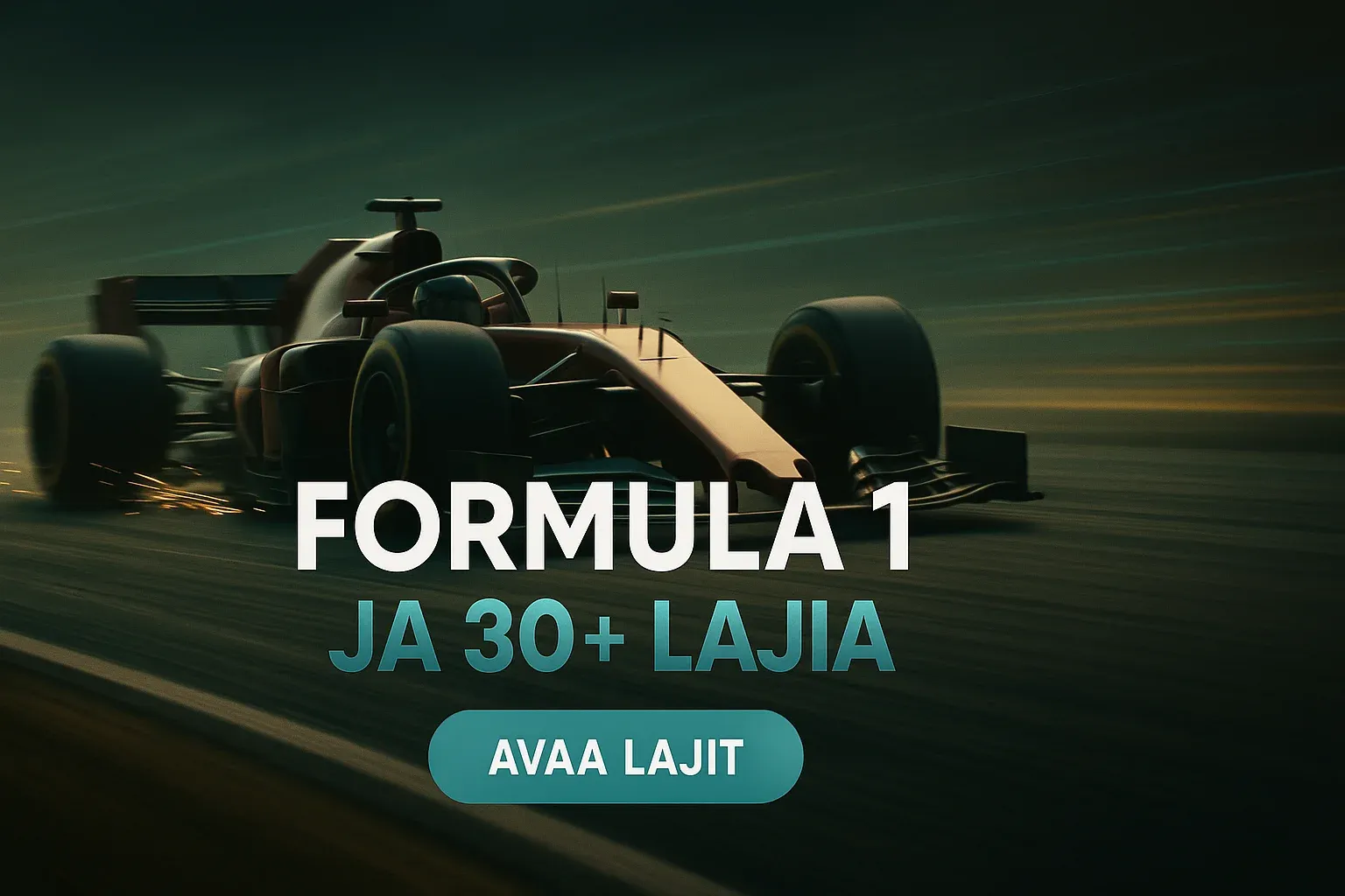 Fotorealistinen Formula 1 -vedonlyöntibanneri, kilpa-auto vauhdissa ja CTA-painike